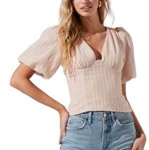 ASTR The Label Pink Short Bubble Sleeve Tie Back Top Size Small
